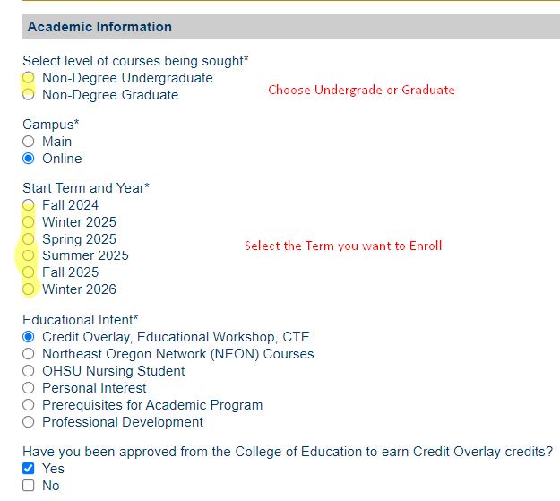 EOU Non-Degree seeking application screenshot. 