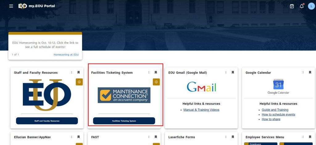 Facilities ticketing system links are available in the my.eou portal